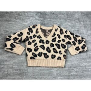 PINK Victoria's Secret Sweater Womens Small Tan Leopard Print V-Neck Fuzzy Knit